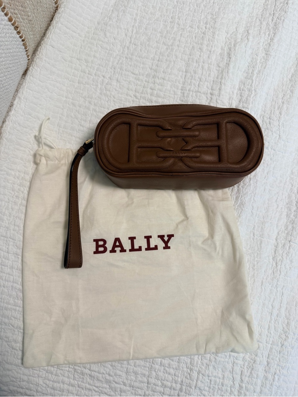 Bally Brown Leather Wristlet and Belt Bag with Embossed Detail